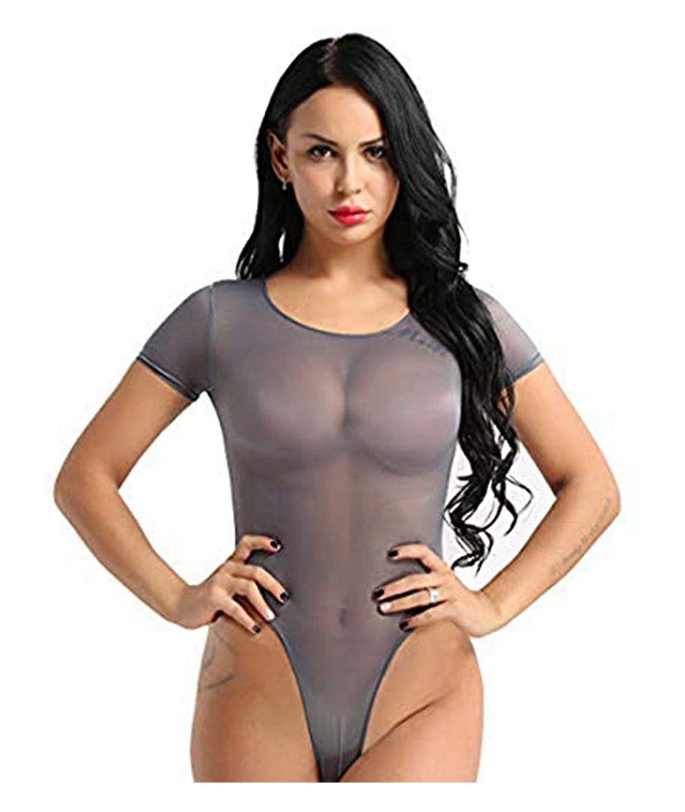 One-Pieces Women's Short Sleeve High Cut Thongs Leotard See Through One Piece Swimwear Bathing Suit - Grey - CQ18R533R4E $33.62