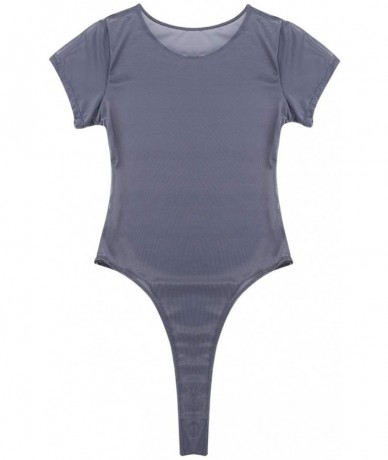 One-Pieces Women's Short Sleeve High Cut Thongs Leotard See Through One Piece Swimwear Bathing Suit - Grey - CQ18R533R4E $33.62