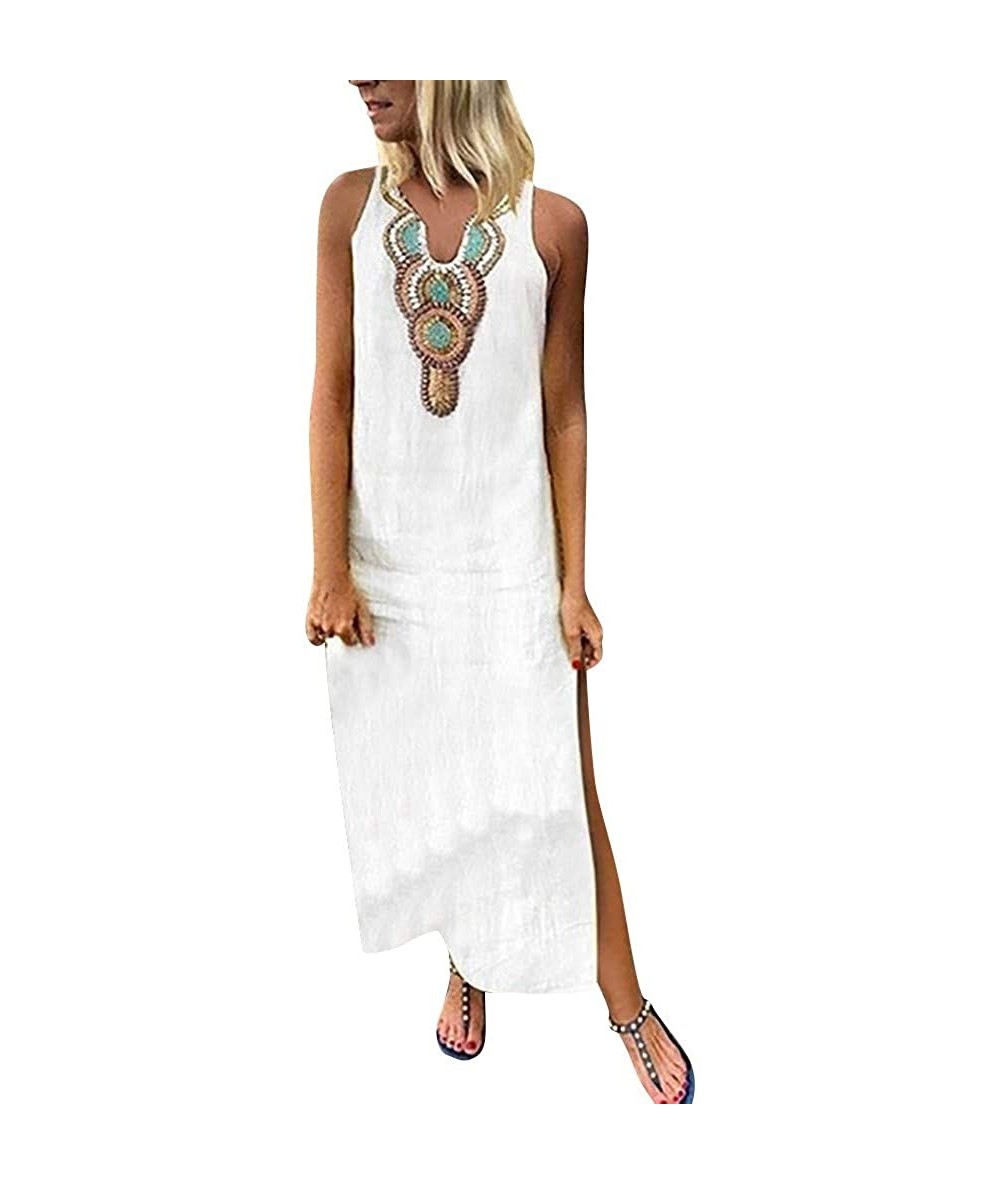 One-Pieces Women Sleeveless V-Neck Printed Maxi Dress Vestido Split Hem Baggy Kaftan Long Dress - B-white - C718S6QIKTN $41.20