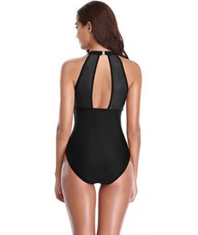 One-Pieces Women One Piece High Neck V-Neckline Mesh Retro Ruched Monokini Swimwear - Manhattan Black - C818I9CAKGE $39.85