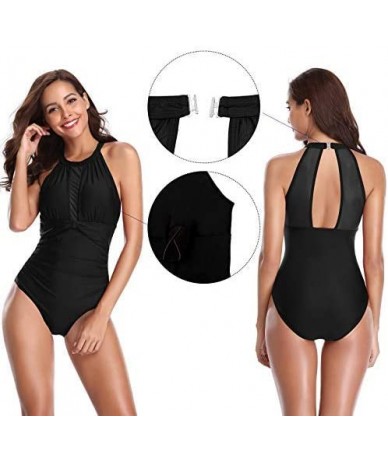 One-Pieces Women One Piece High Neck V-Neckline Mesh Retro Ruched Monokini Swimwear - Manhattan Black - C818I9CAKGE $39.85