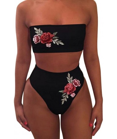 Sets Women Bikini Sets Two Piece Embroidered Rose High Waist Swimsuit Bathing Suit Tankini Swimwear - Black - C218EDQI9X9 $31.71