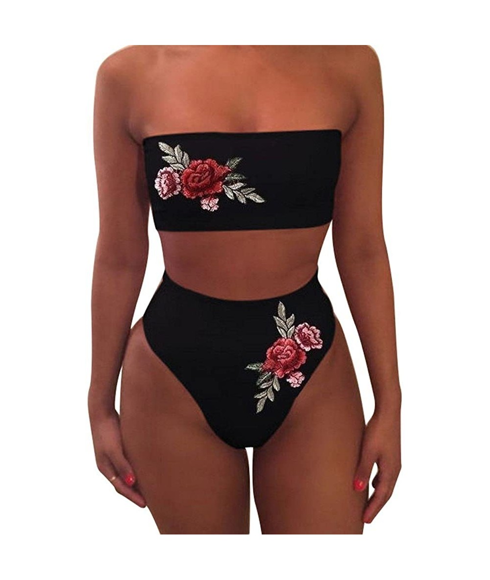 Sets Women Bikini Sets Two Piece Embroidered Rose High Waist Swimsuit Bathing Suit Tankini Swimwear - Black - C218EDQI9X9 $31.71