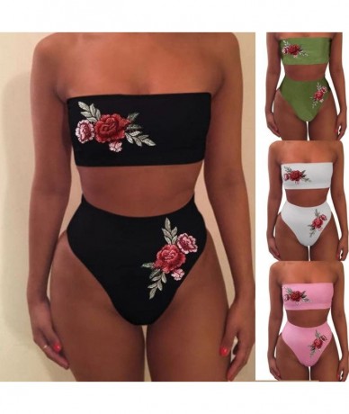 Sets Women Bikini Sets Two Piece Embroidered Rose High Waist Swimsuit Bathing Suit Tankini Swimwear - Black - C218EDQI9X9 $31.71