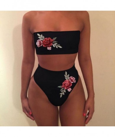 Sets Women Bikini Sets Two Piece Embroidered Rose High Waist Swimsuit Bathing Suit Tankini Swimwear - Black - C218EDQI9X9 $31.71