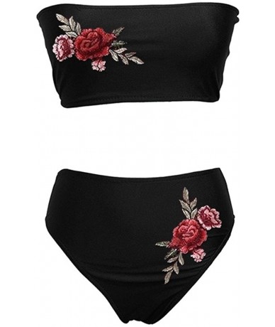 Sets Women Bikini Sets Two Piece Embroidered Rose High Waist Swimsuit Bathing Suit Tankini Swimwear - Black - C218EDQI9X9 $31.71