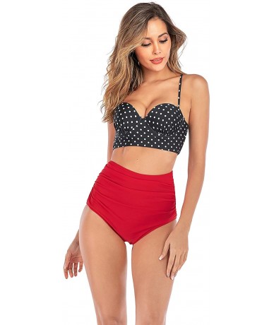 Sets Women Vintage Polka Dot Halter High Waisted Bikini Swimsuit Set - Black Dot-red - CZ18REIW50A $44.06