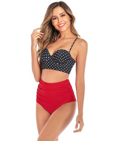 Sets Women Vintage Polka Dot Halter High Waisted Bikini Swimsuit Set - Black Dot-red - CZ18REIW50A $44.06