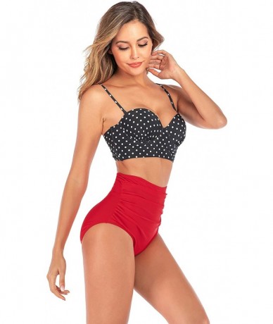 Sets Women Vintage Polka Dot Halter High Waisted Bikini Swimsuit Set - Black Dot-red - CZ18REIW50A $44.06