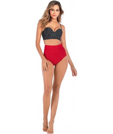 Sets Women Vintage Polka Dot Halter High Waisted Bikini Swimsuit Set - Black Dot-red - CZ18REIW50A $44.06