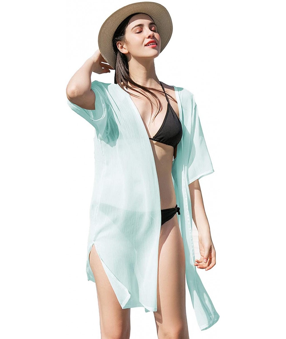 Cover-Ups Women's Solid Chiffon Cover Up Kimono Cardigan with Half Sleeve Summer Sheer Beachwear Swimsuit for Bikini Light Gr...