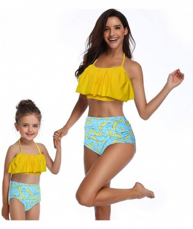 Racing Mommy and Me Swimsuits Ruffles High Waisted Family Matching Bikini Sets - Yellow - CT18Q9OQOLW $45.86