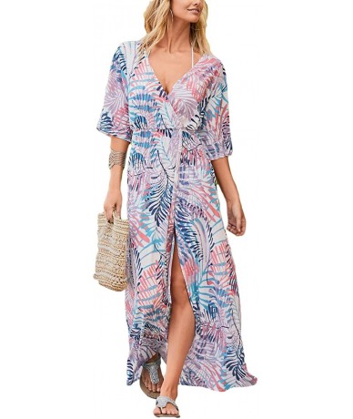 Cover-Ups Women's Print Turkish Kaftan Beachwear Bikini Cover Up Maxi Dress - Leaf Print 4 - CS19D8XGNM8 $34.59