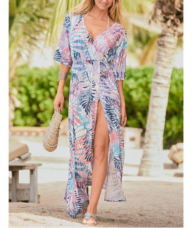 Cover-Ups Women's Print Turkish Kaftan Beachwear Bikini Cover Up Maxi Dress - Leaf Print 4 - CS19D8XGNM8 $34.59