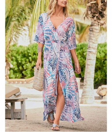 Cover-Ups Women's Print Turkish Kaftan Beachwear Bikini Cover Up Maxi Dress - Leaf Print 4 - CS19D8XGNM8 $34.59