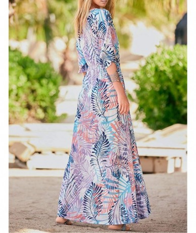 Cover-Ups Women's Print Turkish Kaftan Beachwear Bikini Cover Up Maxi Dress - Leaf Print 4 - CS19D8XGNM8 $34.59