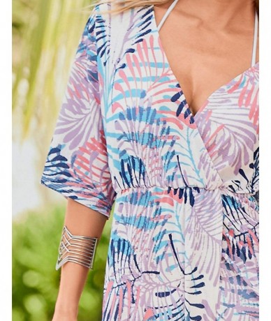 Cover-Ups Women's Print Turkish Kaftan Beachwear Bikini Cover Up Maxi Dress - Leaf Print 4 - CS19D8XGNM8 $34.59