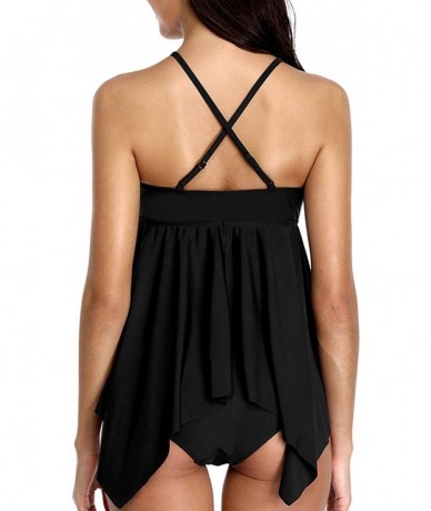 Tankinis Women Blouson Tankini Swimsuits Drawstring Cross Back Two Piece Bathing Suit - Black Solid - C0195A55N5O $49.93