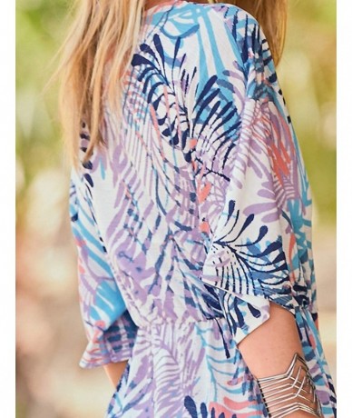 Cover-Ups Women's Print Turkish Kaftan Beachwear Bikini Cover Up Maxi Dress - Leaf Print 4 - CS19D8XGNM8 $34.59