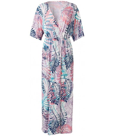 Cover-Ups Women's Print Turkish Kaftan Beachwear Bikini Cover Up Maxi Dress - Leaf Print 4 - CS19D8XGNM8 $34.59