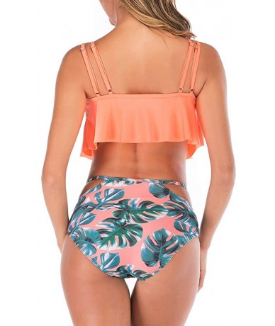 Cover-Ups Swimsuit for Women Two Pieces Top Ruffled Backless Racerback with High Waisted Bottom Tankini Set - Orange - C5194W...