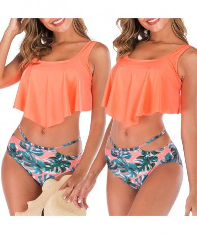 Cover-Ups Swimsuit for Women Two Pieces Top Ruffled Backless Racerback with High Waisted Bottom Tankini Set - Orange - C5194W...