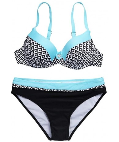 Sets Women's Triangle Print Halter Bikini Padded Push Up Two Piece Swimsuits Swimwear Bathing Suits Beachwear - Blue - C318QM...