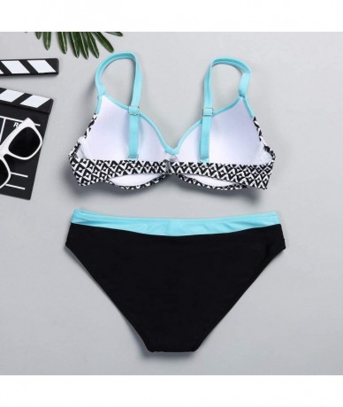 Sets Women's Triangle Print Halter Bikini Padded Push Up Two Piece Swimsuits Swimwear Bathing Suits Beachwear - Blue - C318QM...