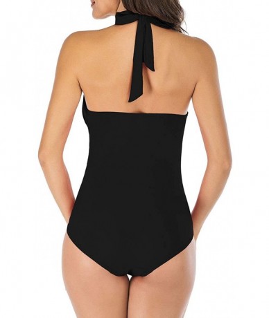 One-Pieces Women's One-Piece Swimsuits- Sexy Halter Ruched Tummy Control Swimwear- Moderate Plunge Monokini Bathing Suits - H...