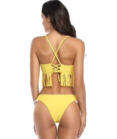 Sets Women Two-Piece Solid Color Tassel Split Swimsuit Sexy Bikini Tankini Swimwear - Yellow - CA1982WQ57G $40.38