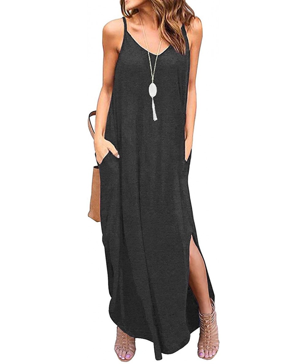 Cover-Ups Sleeveless Strappy Cami Maxi Long Dress V Neck with Pockets Casual Beach Skirt Cover Up Slits - Gray - CD18QS7LEL7 ...