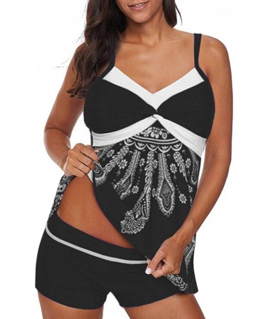 One-Pieces Womens Sexy Halter Patchwork Printed Open Back Tankini Top Set Two Piece Swimsuits - X-black - C018R0Z7EE7 $48.73