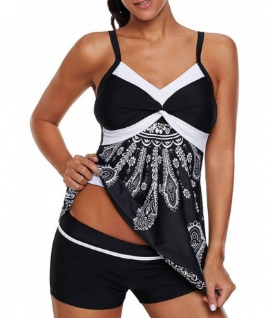 One-Pieces Womens Sexy Halter Patchwork Printed Open Back Tankini Top Set Two Piece Swimsuits - X-black - C018R0Z7EE7 $48.73