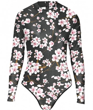 One-Pieces Womens Long Sleeve Zip UV Protection Printed Zipper Surfing One Piece Swimsuit Bathing Suit - A-cherry Blossoms - ...