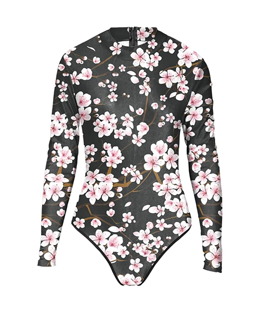 One-Pieces Womens Long Sleeve Zip UV Protection Printed Zipper Surfing One Piece Swimsuit Bathing Suit - A-cherry Blossoms - ...