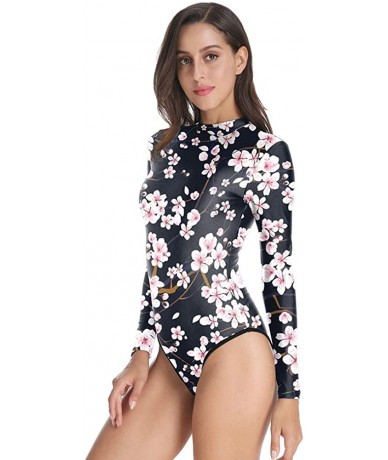 One-Pieces Womens Long Sleeve Zip UV Protection Printed Zipper Surfing One Piece Swimsuit Bathing Suit - A-cherry Blossoms - ...