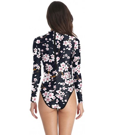 One-Pieces Womens Long Sleeve Zip UV Protection Printed Zipper Surfing One Piece Swimsuit Bathing Suit - A-cherry Blossoms - ...