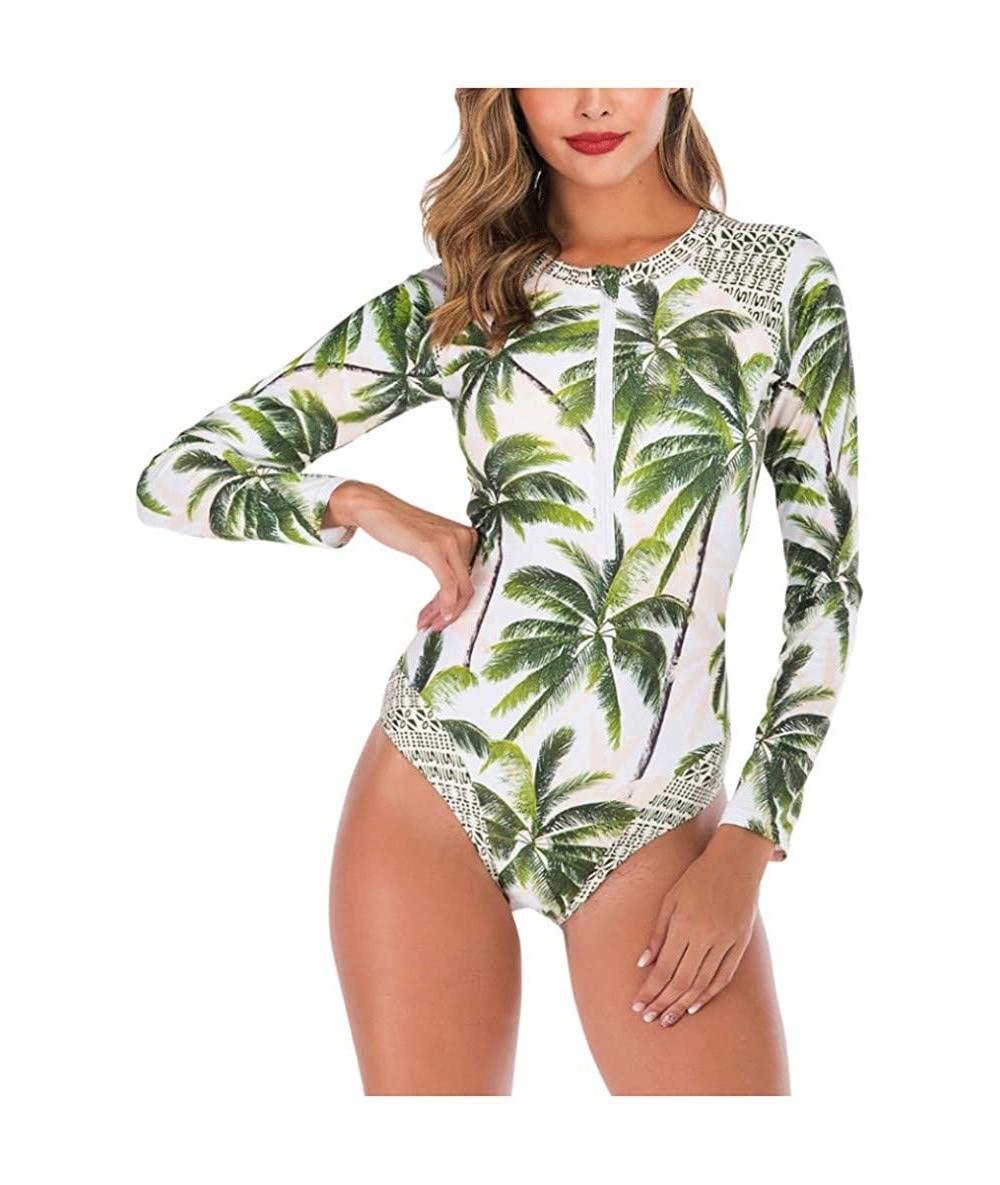 One-Pieces Women Coconut Tree Printed Zipper One-Piece Swimsuit 2020 New Long Sleeve Beachwear Swimwear - Green - C3193QWZAIS...