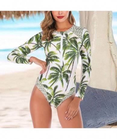 One-Pieces Women Coconut Tree Printed Zipper One-Piece Swimsuit 2020 New Long Sleeve Beachwear Swimwear - Green - C3193QWZAIS...