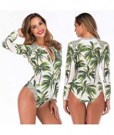 One-Pieces Women Coconut Tree Printed Zipper One-Piece Swimsuit 2020 New Long Sleeve Beachwear Swimwear - Green - C3193QWZAIS...