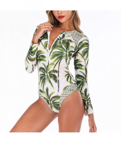 One-Pieces Women Coconut Tree Printed Zipper One-Piece Swimsuit 2020 New Long Sleeve Beachwear Swimwear - Green - C3193QWZAIS...