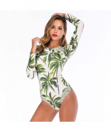 One-Pieces Women Coconut Tree Printed Zipper One-Piece Swimsuit 2020 New Long Sleeve Beachwear Swimwear - Green - C3193QWZAIS...