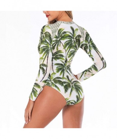 One-Pieces Women Coconut Tree Printed Zipper One-Piece Swimsuit 2020 New Long Sleeve Beachwear Swimwear - Green - C3193QWZAIS...