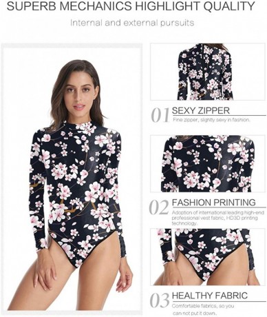 One-Pieces Womens Long Sleeve Zip UV Protection Printed Zipper Surfing One Piece Swimsuit Bathing Suit - A-cherry Blossoms - ...