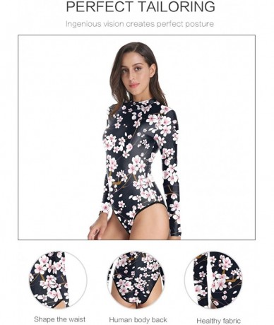 One-Pieces Womens Long Sleeve Zip UV Protection Printed Zipper Surfing One Piece Swimsuit Bathing Suit - A-cherry Blossoms - ...