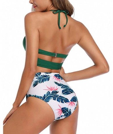 Sets Women's Fashion Beach Hollow Halter Mid Waisted Tropical Floral Print Bikini Set Push Up Two Piece Swimsuits Green - CV1...