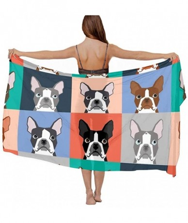 Cover-Ups Women's Swimwear Cover Ups- Summer Vacation Beach Sarong Soft Shawl Wrap - Boston Terriers Tile Bulldog Dog Set - C...