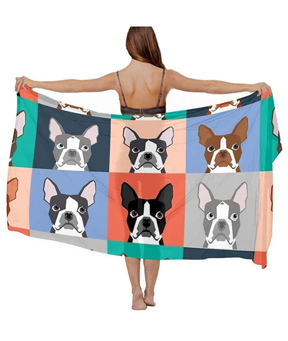 Cover-Ups Women's Swimwear Cover Ups- Summer Vacation Beach Sarong Soft Shawl Wrap - Boston Terriers Tile Bulldog Dog Set - C...