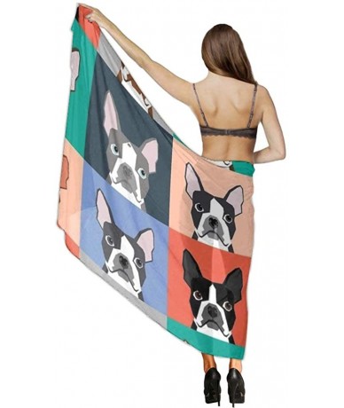 Cover-Ups Women's Swimwear Cover Ups- Summer Vacation Beach Sarong Soft Shawl Wrap - Boston Terriers Tile Bulldog Dog Set - C...