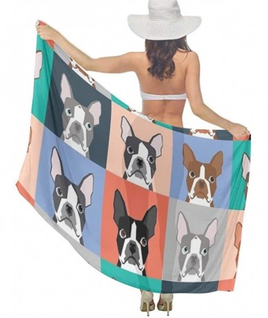 Cover-Ups Women's Swimwear Cover Ups- Summer Vacation Beach Sarong Soft Shawl Wrap - Boston Terriers Tile Bulldog Dog Set - C...